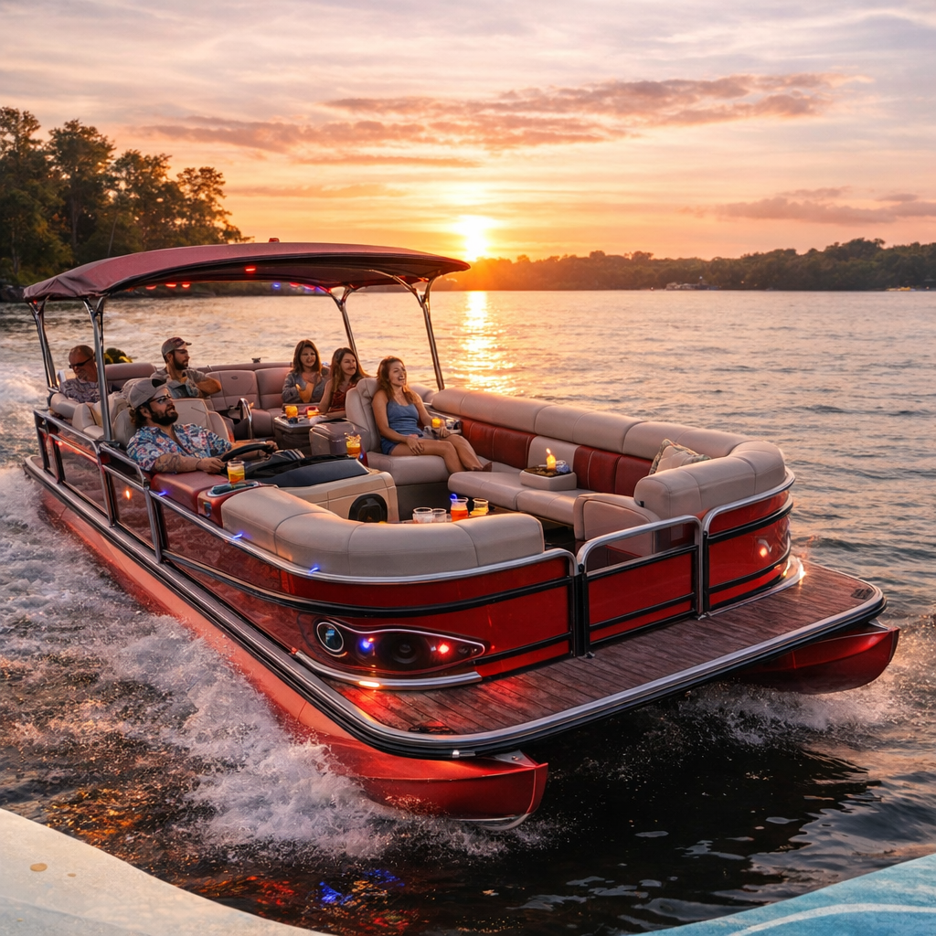 Golden sunset cruise on a red pontoon