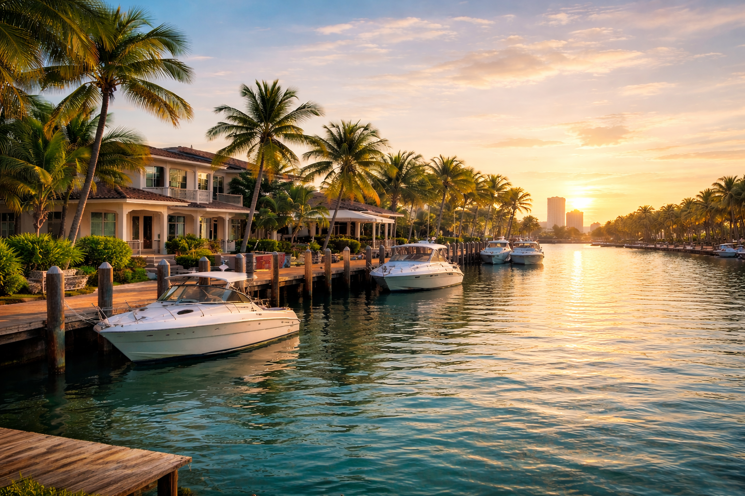 Golden sunset over luxury canal homes